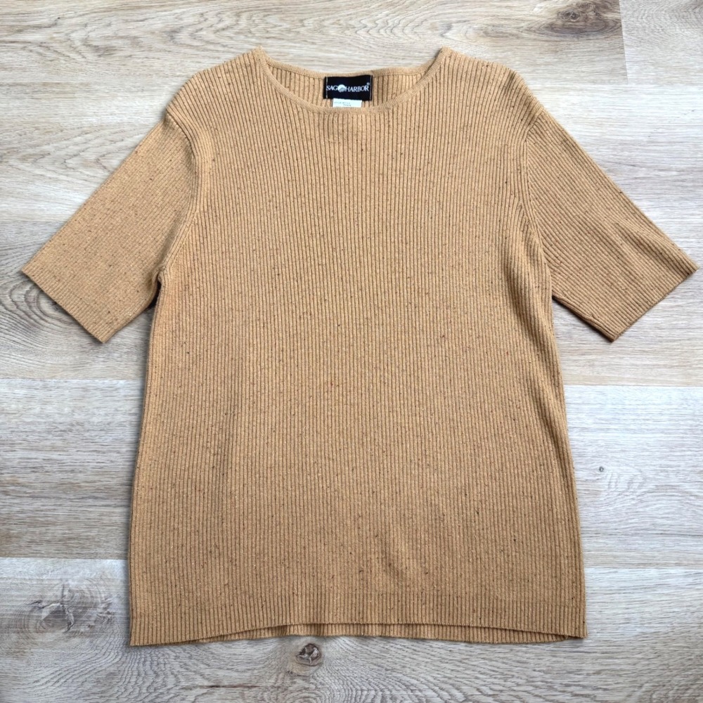 VTG Sag Harbor Tan Ribbed Short Sleeve Knit Top Women L Grandmacore Minimalist
